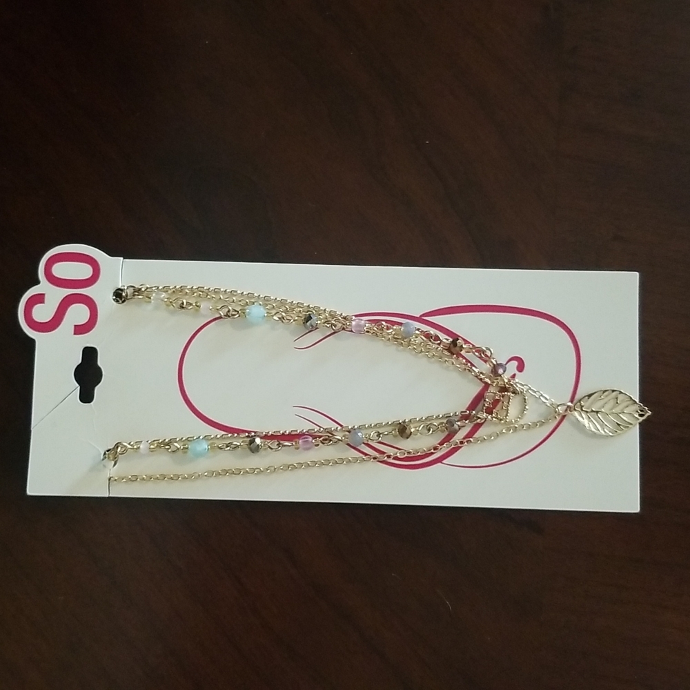 NWT SO Beaded Leaf Charm Multi Strand Anklet